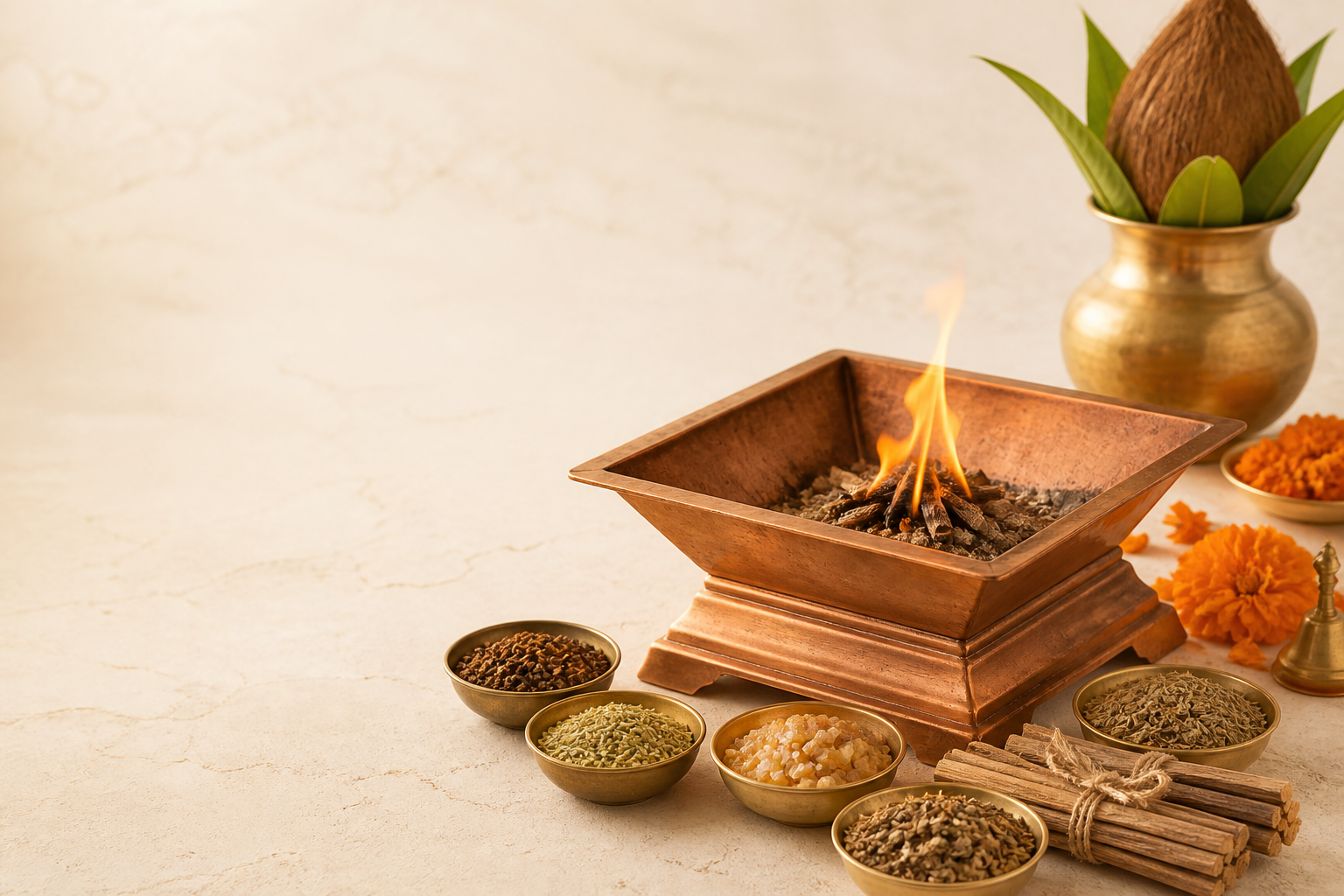 Hawan kund with sacred ritual ingredients